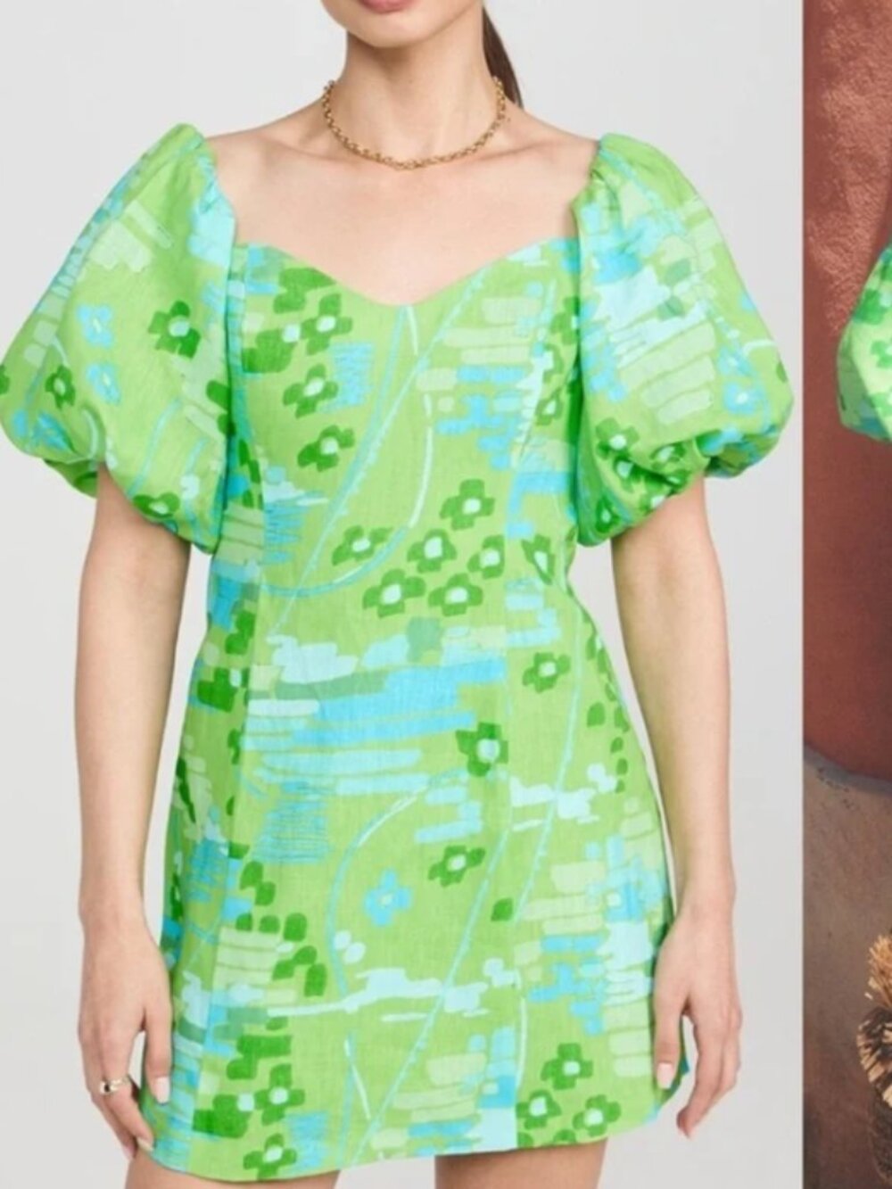 ✨ RHODE "Dali" Electric Eden Green Puff-Sleeve Linen Mini Dress Size 2 ✨